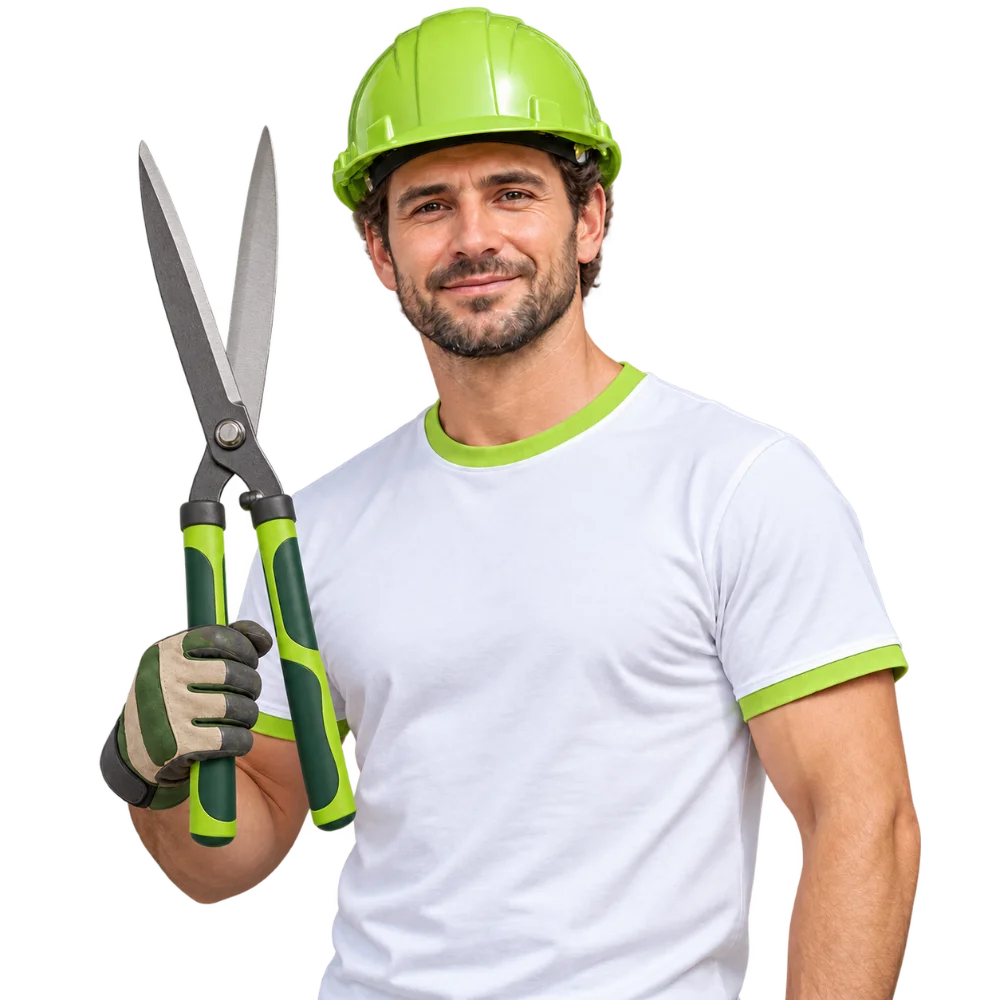 Jardinier équipé d’un casque et de cisailles